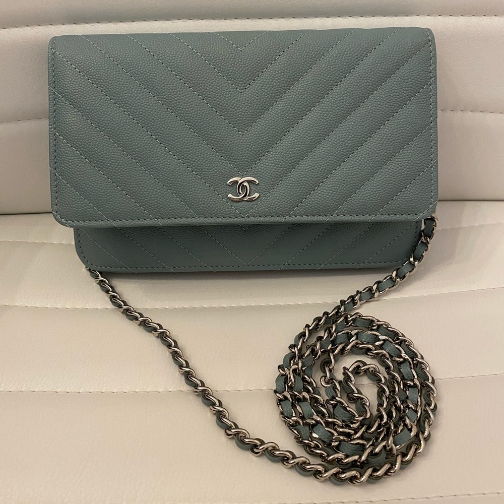 BNIB 18C Chanel Powder Blue Chevron WOC (SHW)